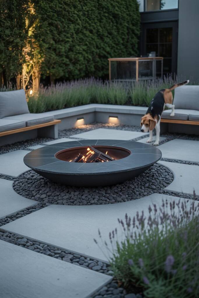 Vertical 2:3, contemporary yard with a sunken circular fire pit below grade, wide stone coping/ledge seating, pea-gravel surr