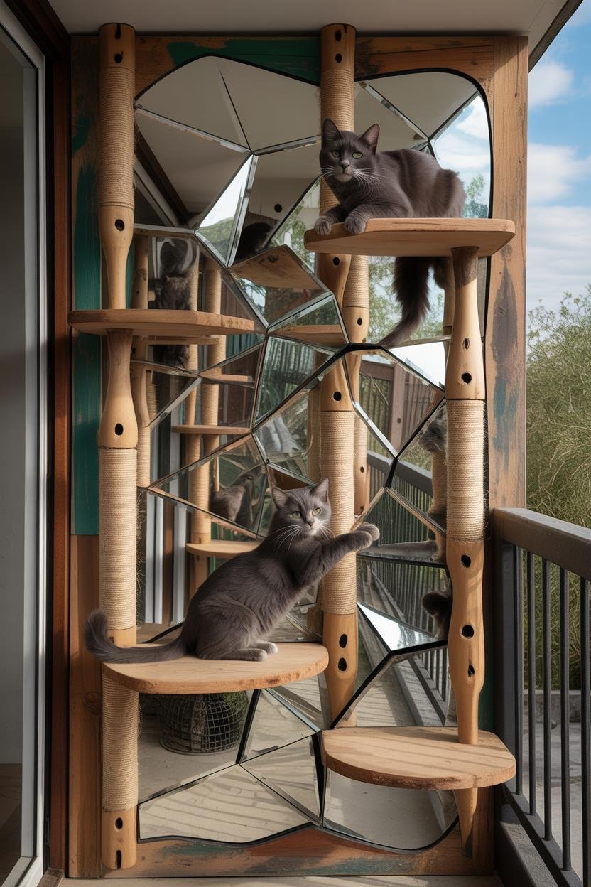 Wall of warped mirrors reflecting distorted space; sturdy crutch-shaped perches attached at different angles; cats climbing w