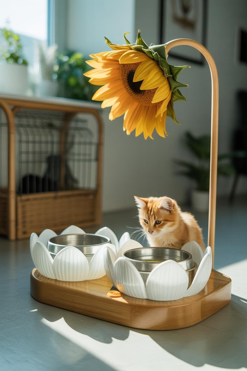 Pet feeding bowls set inside oversized surreal sunflower petals, resin-sculpted to curve and twist slightly as if alive; tall