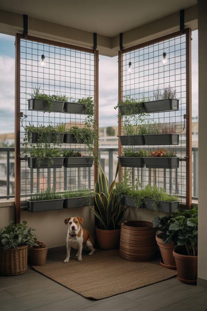 Vertical 2:3 corner setup with two floor-to-ceiling tension rods and wire grid panels zip-tied between; cluster of plants ins