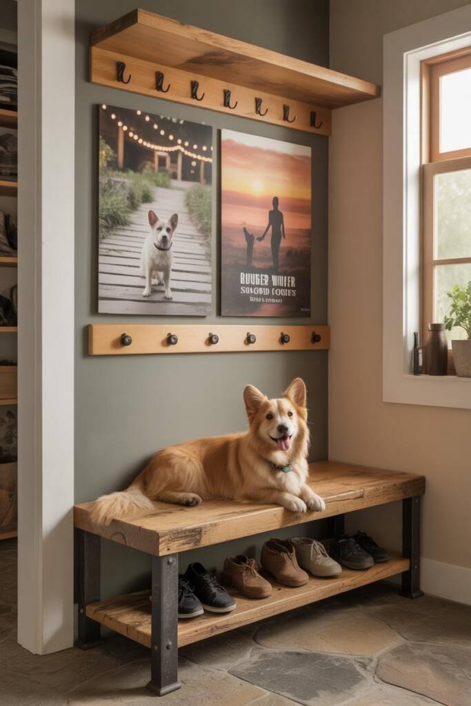 Vertical montage-style: foreground corgi on River Walk stone path under café lights; background desert scene of silhouetted d