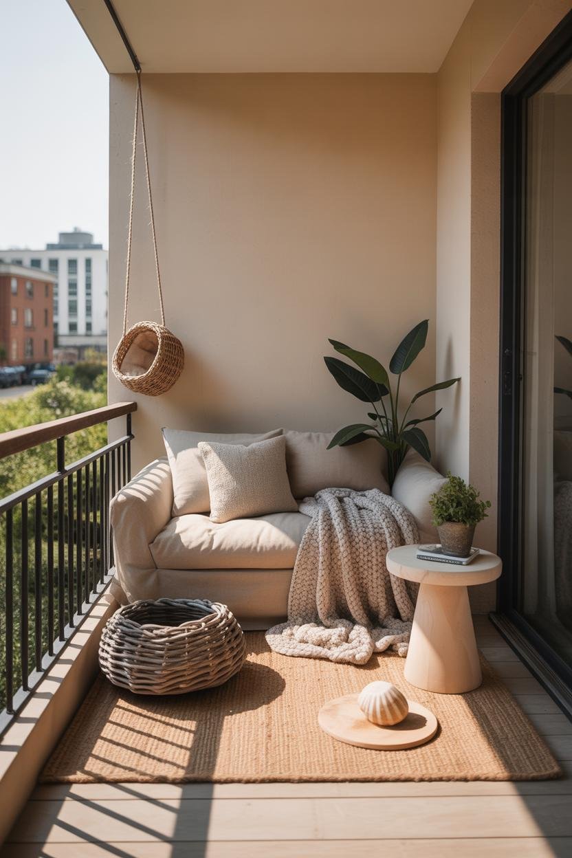 A relaxed living room with a slipcovered linen sofa (oat), chunky cotton throw, nubby jute rug layered with a small washable