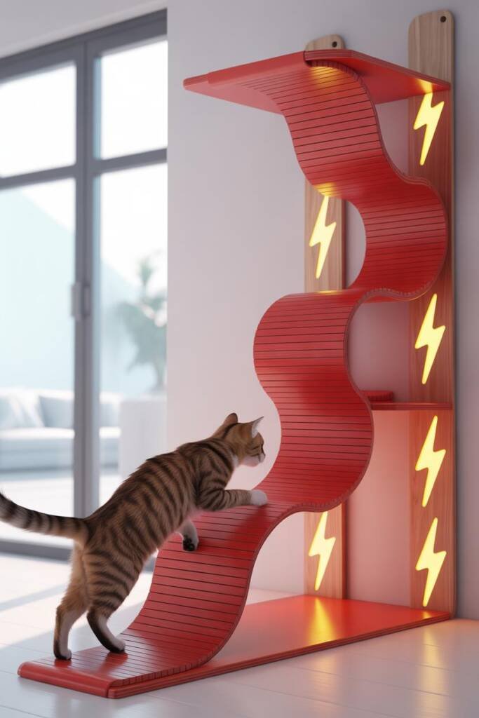 Vertical 2:3 photorealistic image of a bright red tower with long staggered ramps styled like racetrack lanes. Yellow lightni