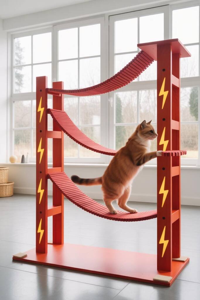 Vertical 2:3 photorealistic image of a bright red tower with long staggered ramps styled like racetrack lanes. Yellow lightni