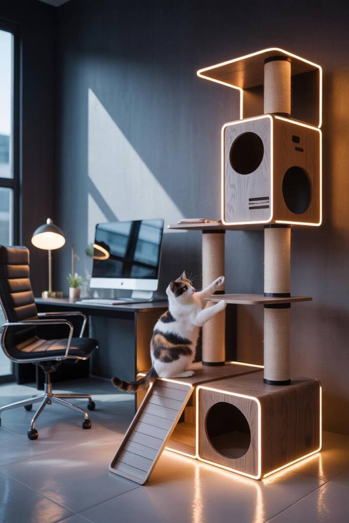 Photorealistic 3:4 image of a modular cat tower: stackable cubes, ramps, scratching post, and perch; magnetic/swappable panel