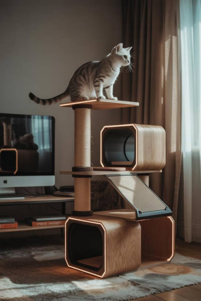 Photorealistic 3:4 image of a modular cat tower: stackable cubes, ramps, scratching post, and perch; magnetic/swappable panel