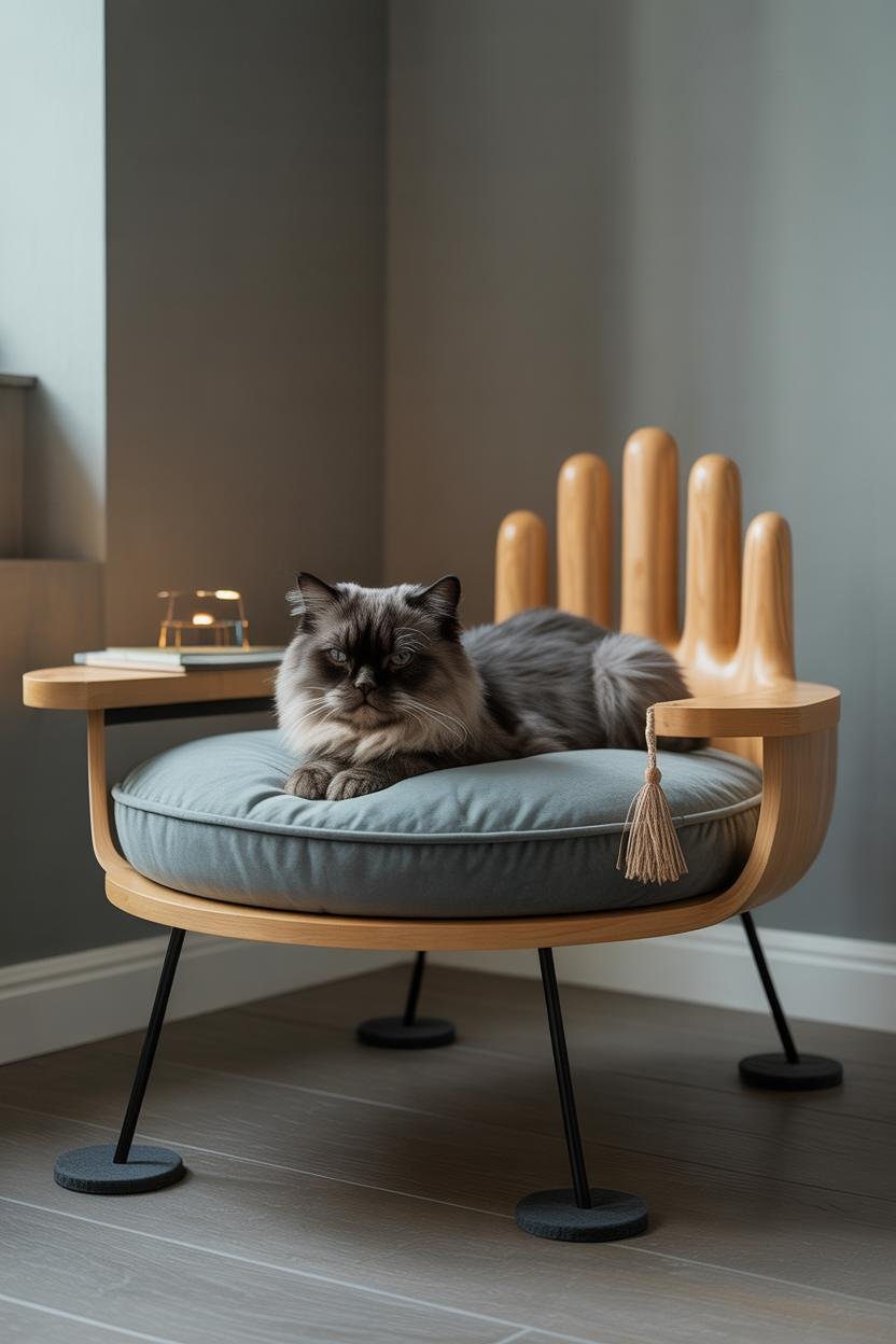 Art-inspired pet bed shaped like a mini Dalí chair; gold curved legs resemble elongated human limbs; cushion upholstered in p
