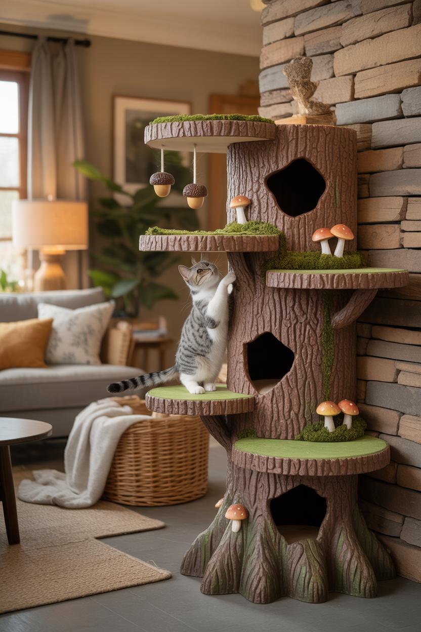 Photoreal faux tree-stump base with carved peekaboo holes, layered leaf-shaped platforms above, tiny painted mushrooms on bar