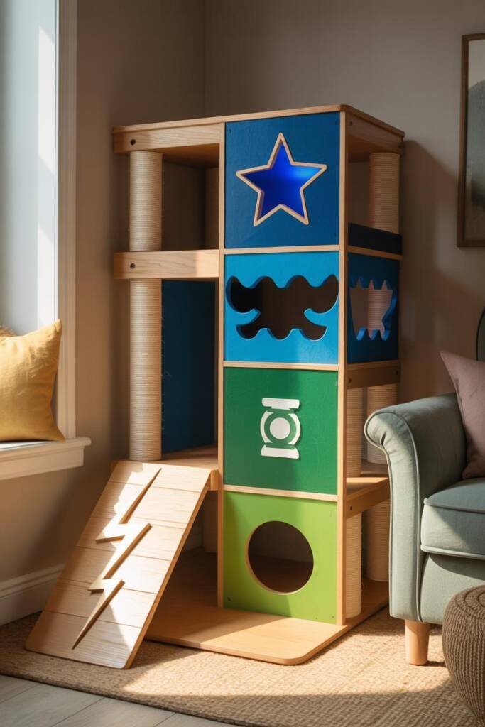 Vertical 2:3 photorealistic image of a huge tower divided into themed sections. Top perch has a star-shaped cutout glowing in