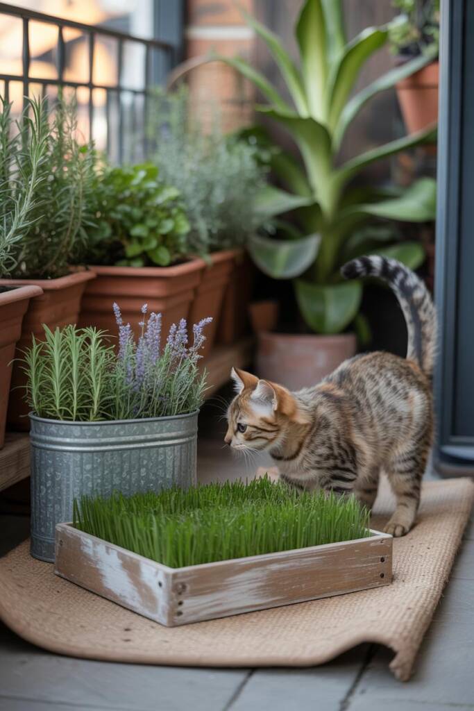 Vertical 2:3 cozy nook featuring a shallow tray of lush cat grass and a sniff box with rosemary/thyme and crinkly paper; cat