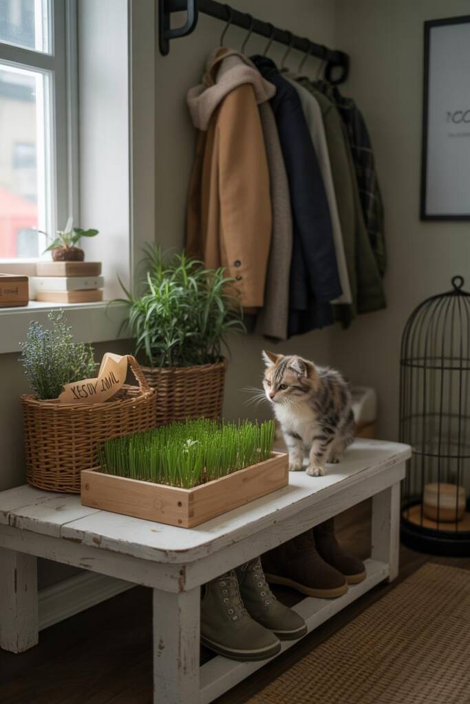 Vertical 2:3 cozy nook featuring a shallow tray of lush cat grass and a sniff box with rosemary/thyme and crinkly paper; cat