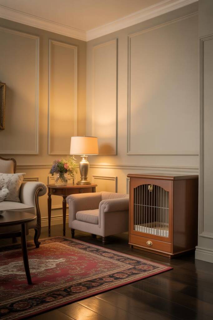Wide, elegant traditional living space with cream wall paneling, crown moulding, and a Persian rug over dark hardwood. A smal
