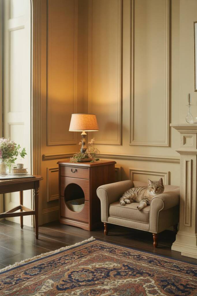 Wide, elegant traditional living space with cream wall paneling, crown moulding, and a Persian rug over dark hardwood. A smal