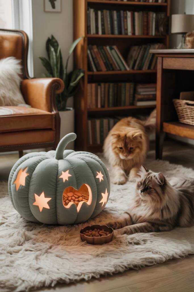A hollow faux pumpkin with small cutouts, filled with dog treats, on a cozy rug with a golden retriever sniffing nearby pet-f