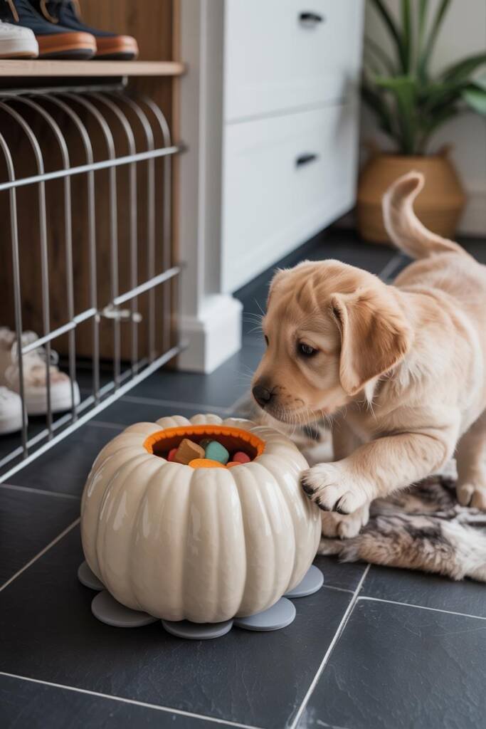 A hollow faux pumpkin with small cutouts, filled with dog treats, on a cozy rug with a golden retriever sniffing nearby pet-f