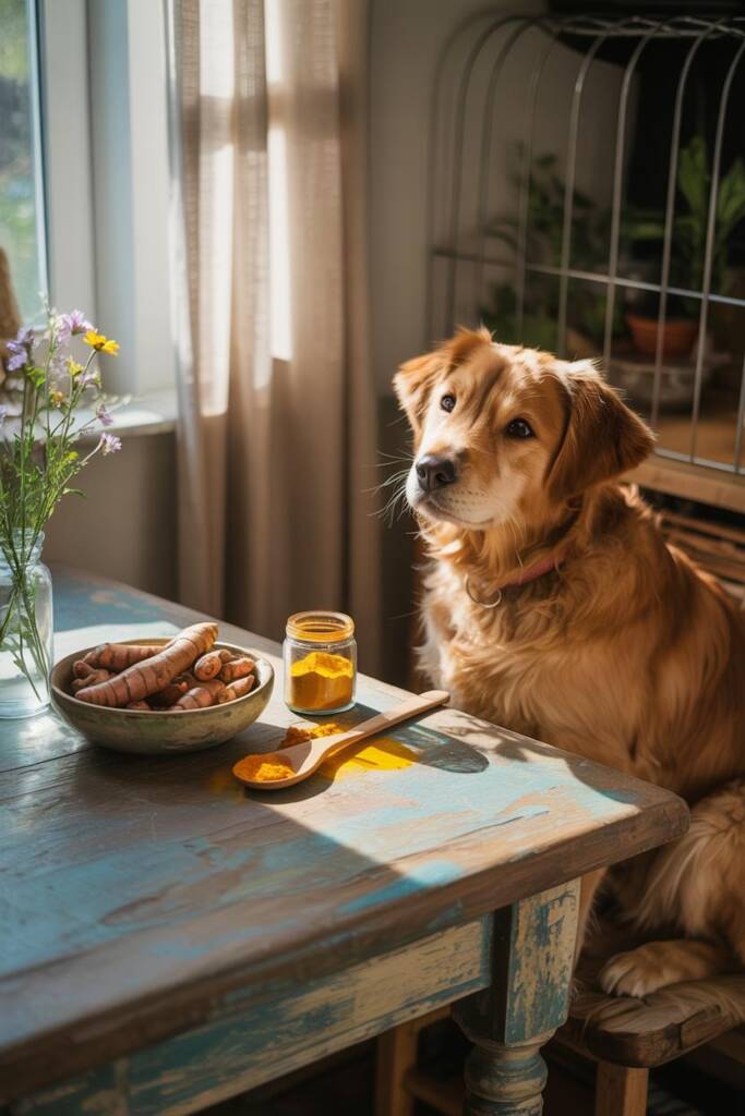 Turmeric roots and powder in a jar with a senior dog looking lively. herbs that are safe turmeric for dogs