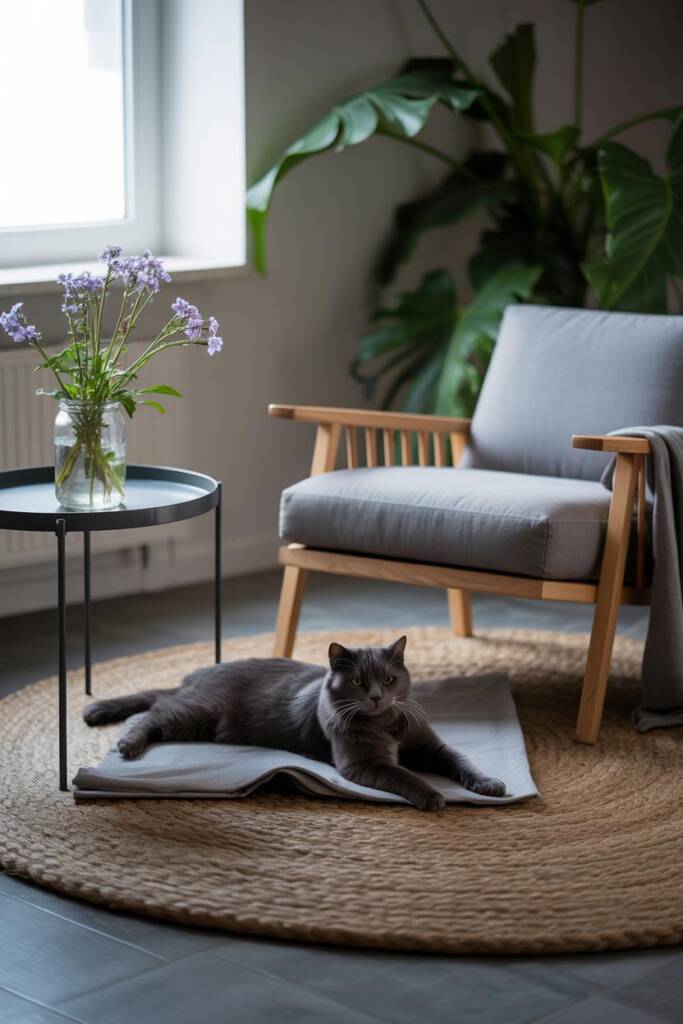 Cat curled on a blanket with valerian root flowers nearby, calm and peaceful mood. herbs that are safe valerian root for cats
