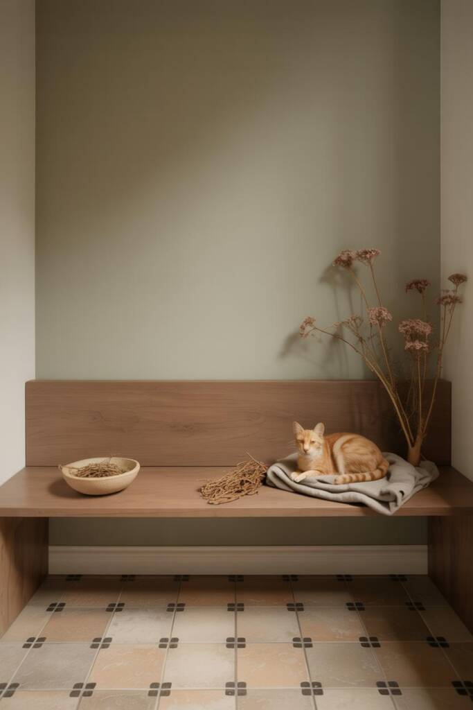 Cat curled on a blanket with valerian root flowers nearby, calm and peaceful mood. herbs that are safe valerian root for cats