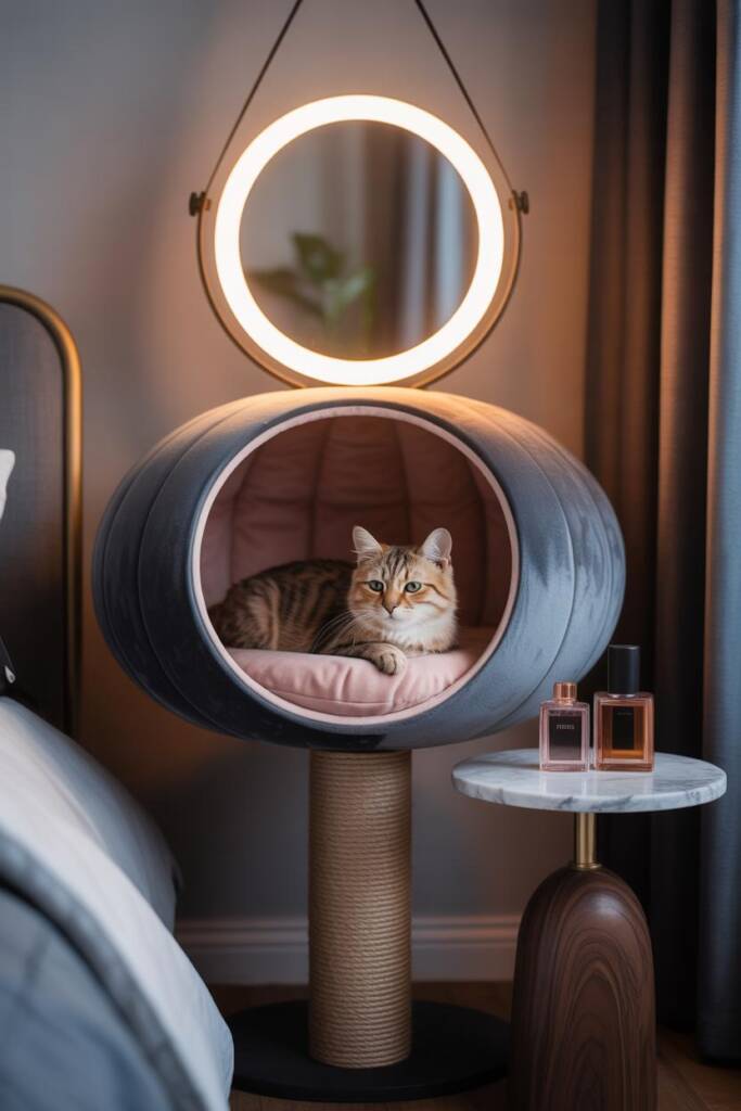 Pinterest vertical (2:3). Round vanity mirror with halo LED ring mounted above a curved cat pod; pod interior in velvet blush