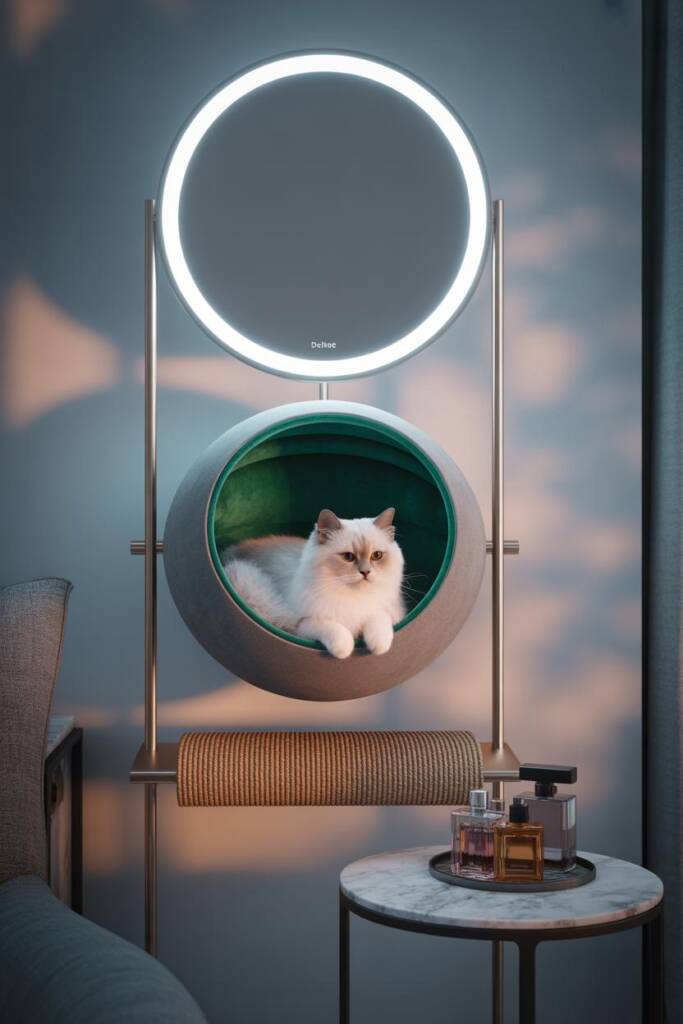 Pinterest vertical (2:3). Round vanity mirror with halo LED ring mounted above a curved cat pod; pod interior in velvet blush