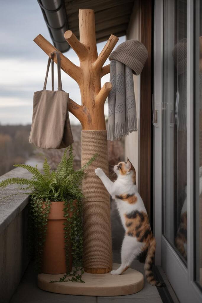 Vertical 2:3 image of a wooden tree-branch coat rack; trunk wrapped in sisal bands; scarf and felt hat on branches; fern plan