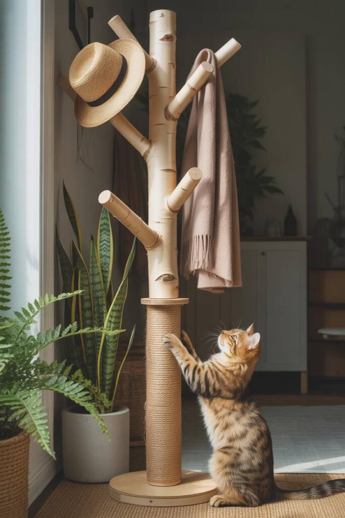 Vertical 2:3 image of a wooden tree-branch coat rack; trunk wrapped in sisal bands; scarf and felt hat on branches; fern plan