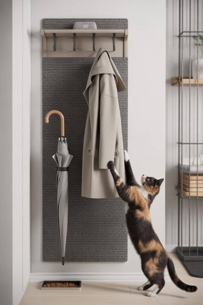 Vertical 2:3 photo of matte black floating coat hooks above a sisal wall scratch pad; sleek trench coat hanging; slim umbrell