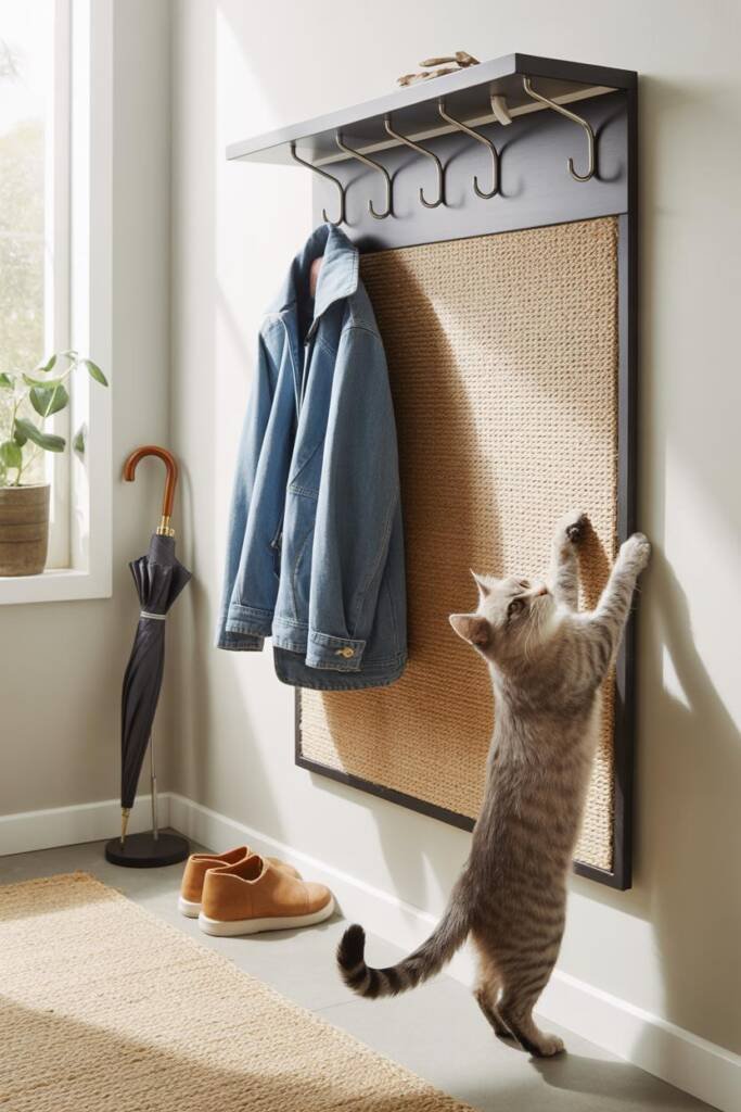 Vertical 2:3 photo of matte black floating coat hooks above a sisal wall scratch pad; sleek trench coat hanging; slim umbrell