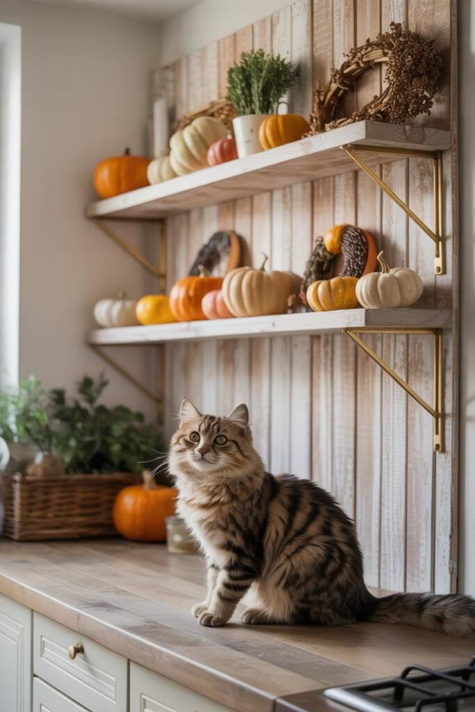 A wall-mounted floating shelf lined with small faux pumpkins and fall wreaths, styled above pet height pet-friendly pumpkin d