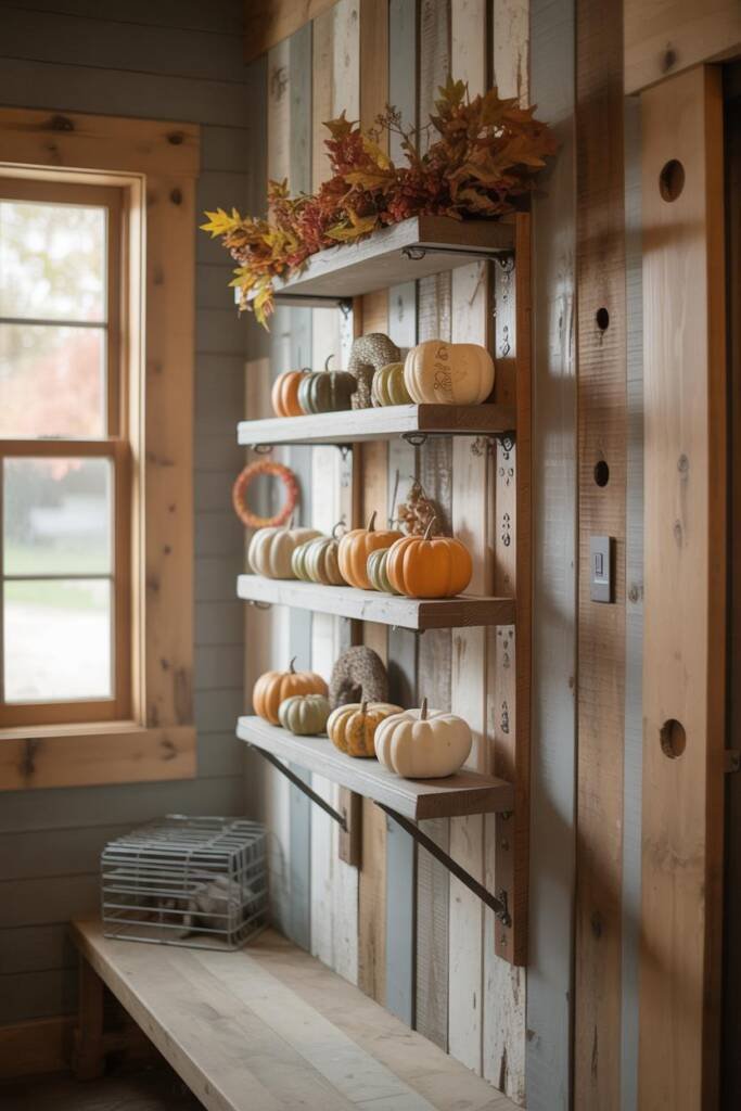 A wall-mounted floating shelf lined with small faux pumpkins and fall wreaths, styled above pet height pet-friendly pumpkin d