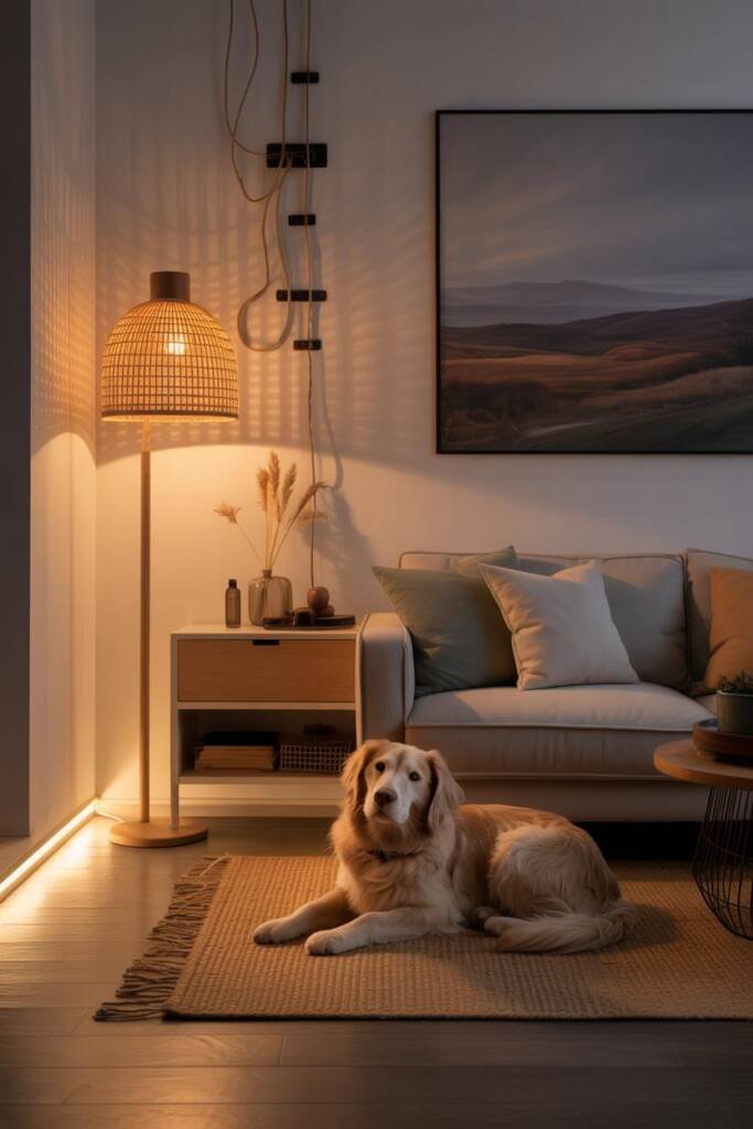 Pinterest vertical 1000x1500; living room at dusk with warm LED lamp glow, visible cable channel neatly hiding cords along ba