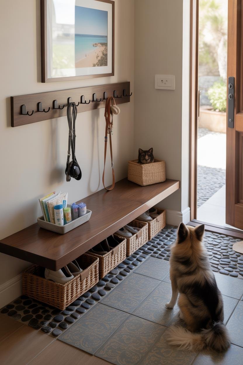 A functional entry with pebble tile zone by the door, washable woven runner, slim bench, labeled baskets for shoes, hook rail