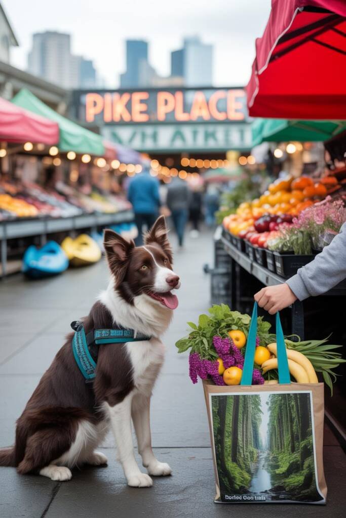 Vertical lifestyle shot at Magnuson Park: lab with bandana near Lake Washington, kayaks in distance; city skyline hint; cool