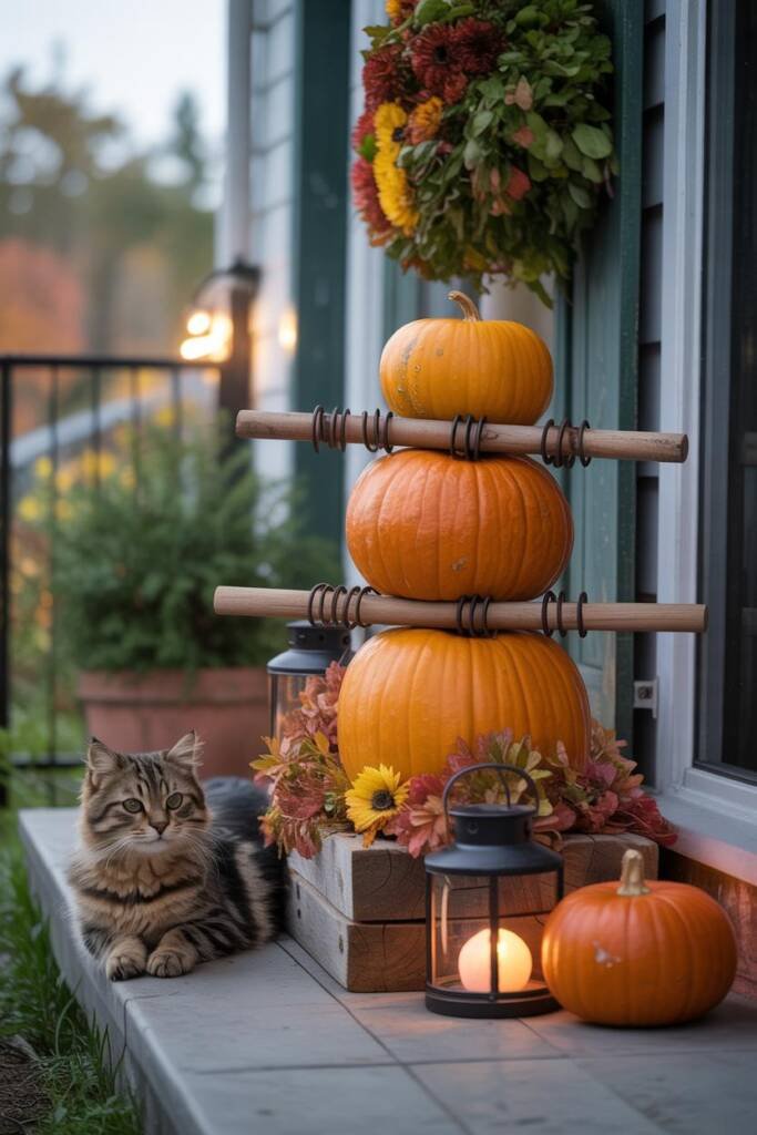 A front porch with three stacked pumpkins on a hidden rod, accented with fall leaves and mums, sturdy and dog-proof pet-frien