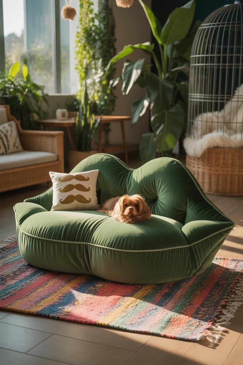 Plush red velvet lips-shaped pet sofa at floor level; gentle bolstered edges, removable washable cover; placed on a geometric