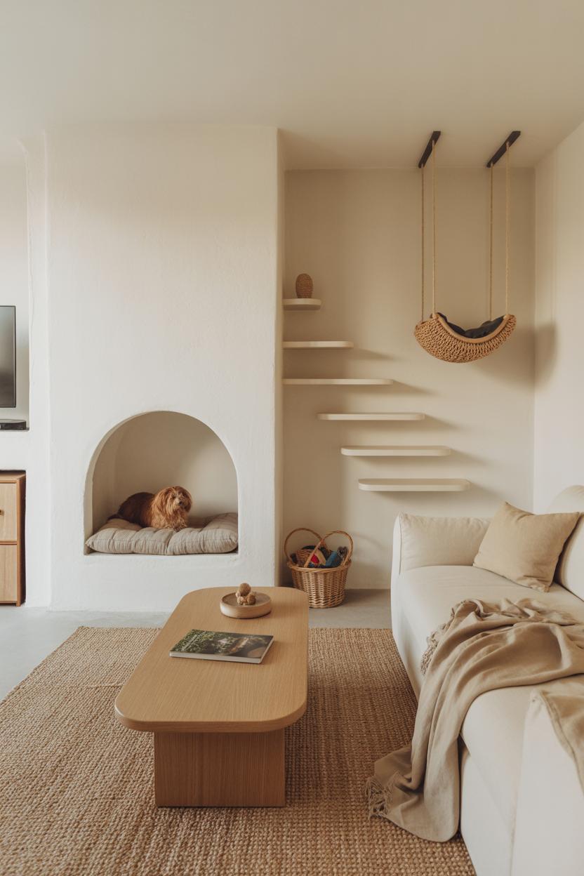 A bright living room with matte whitewashed plaster walls, arched niche built into the wall housing a cushioned pet alcove fo