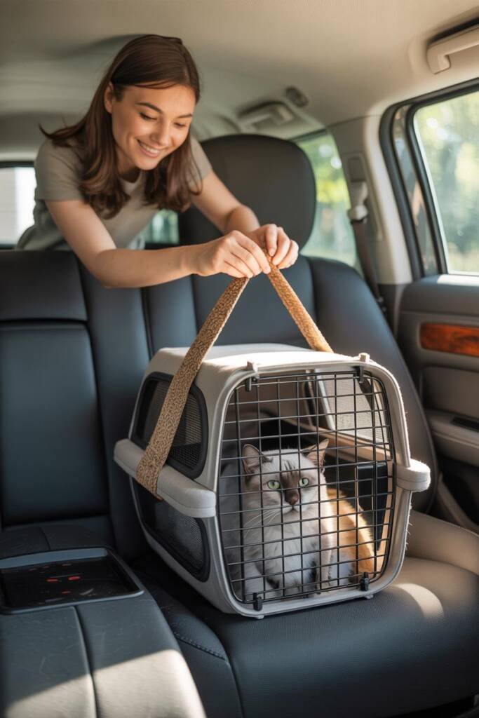 Vertical 2:3 lifestyle photo: smiling pet parent adjusting a cozy cat carrier in a calm, sunlit car interior; soft blankets,