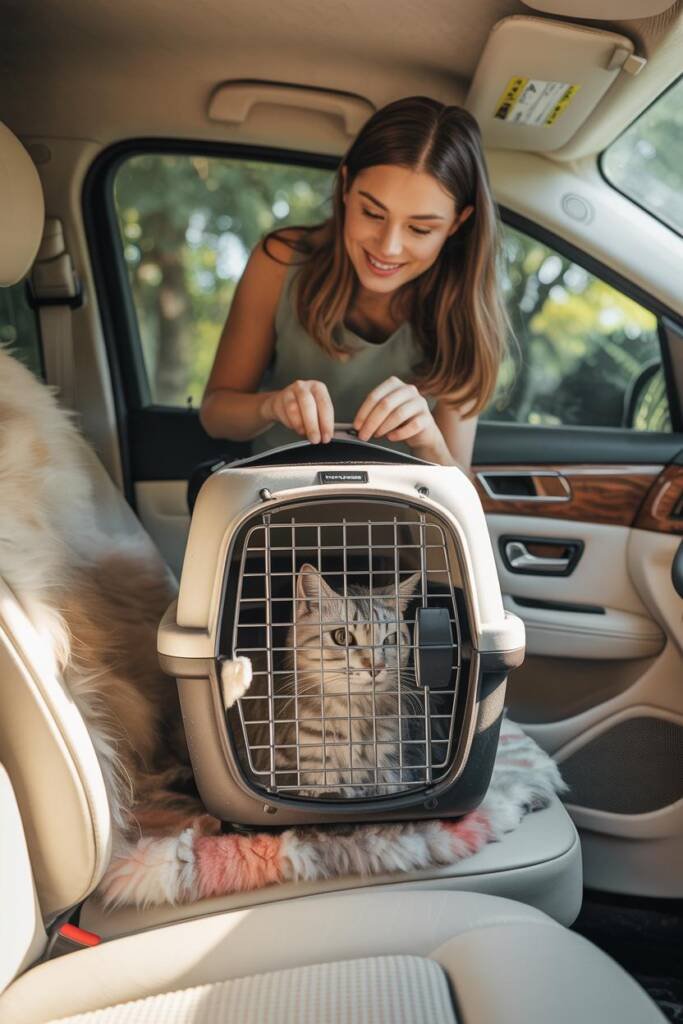 Vertical 2:3 lifestyle photo: smiling pet parent adjusting a cozy cat carrier in a calm, sunlit car interior; soft blankets,