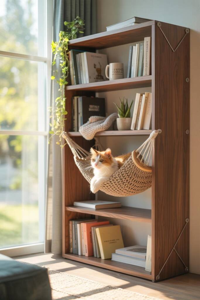 Photorealistic vertical 2:3; tall bookcase positioned beside a large window with sheer curtains; mid-shelf fitted with a fabr