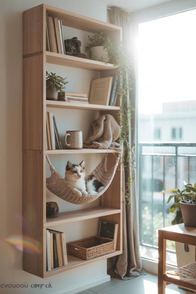 Photorealistic vertical 2:3; tall bookcase positioned beside a large window with sheer curtains; mid-shelf fitted with a fabr