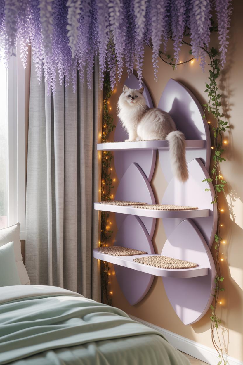 Photoreal wall-mounted cat shelf set under cascading silk wisteria: layered petal-shaped shelves in pale lilac and white, peb