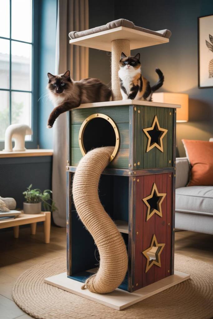 Vertical 2:3 photorealistic image of a majestic cat tower with deep red and navy panels featuring golden star cutouts. A circ