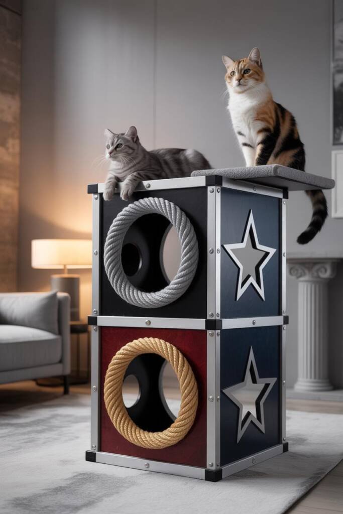 Vertical 2:3 photorealistic image of a majestic cat tower with deep red and navy panels featuring golden star cutouts. A circ