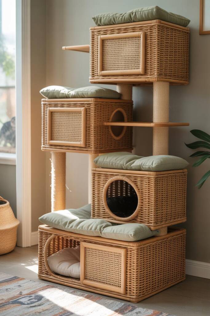 Pinterest vertical (2:3). Tall rattan tower consistent with Moroccan cat lounge cat trees: stacked woven pods, cane webbing d