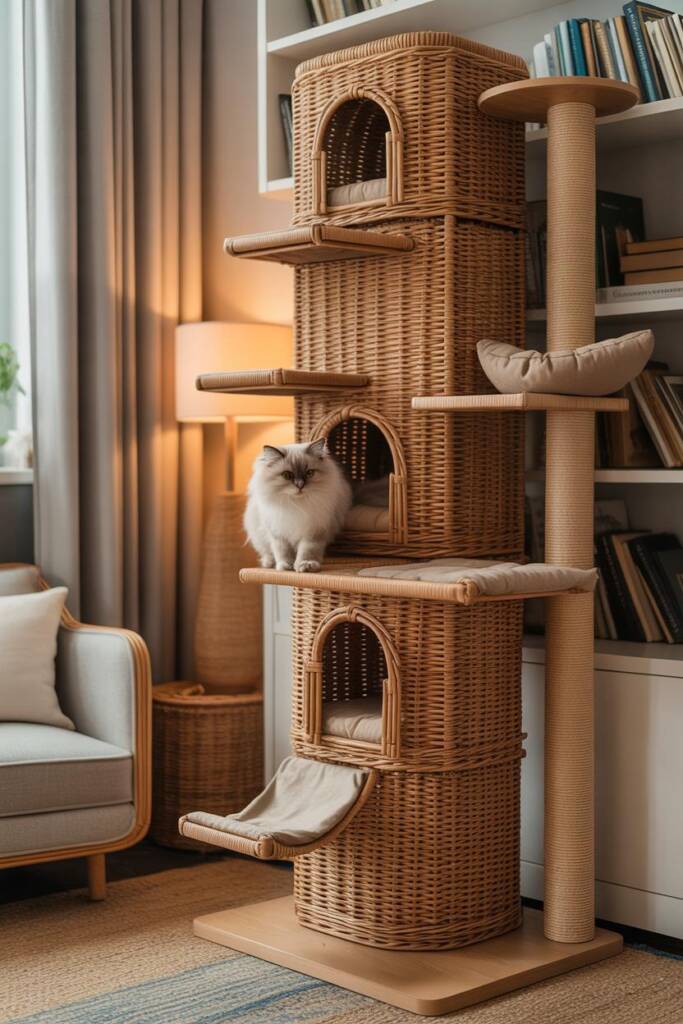 Pinterest vertical (2:3). Tall rattan tower consistent with Moroccan cat lounge cat trees: stacked woven pods, cane webbing d