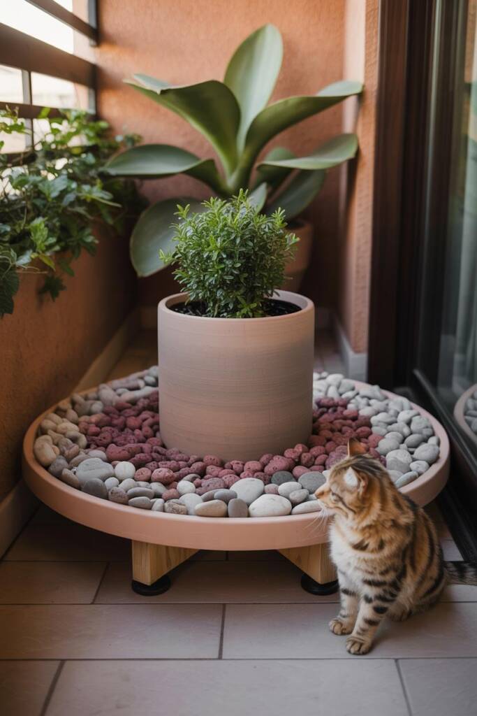 Vertical 2:3 floor planter centered on a tray/rug with a wide ring of chunky pebbles and lava rock; styled like a mini zen ga