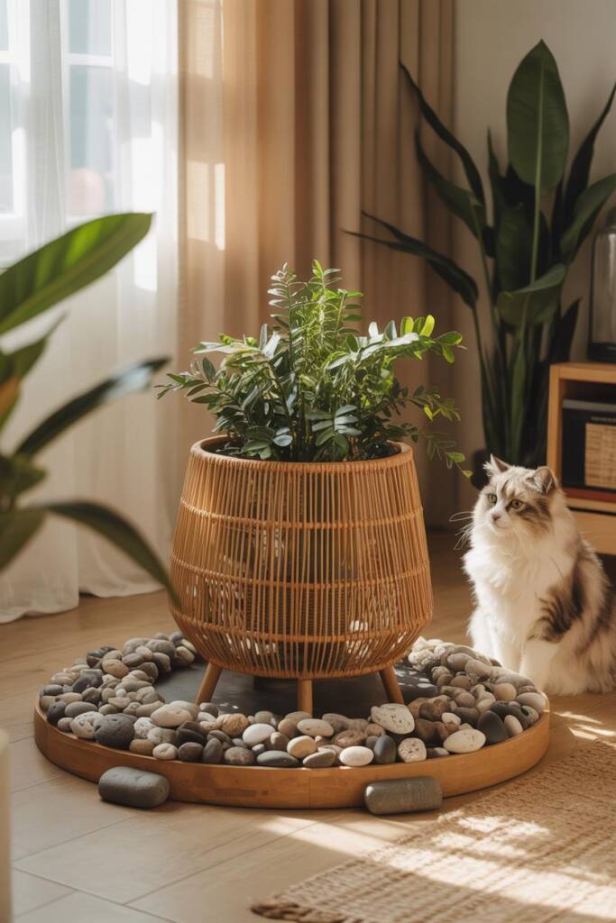 Vertical 2:3 floor planter centered on a tray/rug with a wide ring of chunky pebbles and lava rock; styled like a mini zen ga