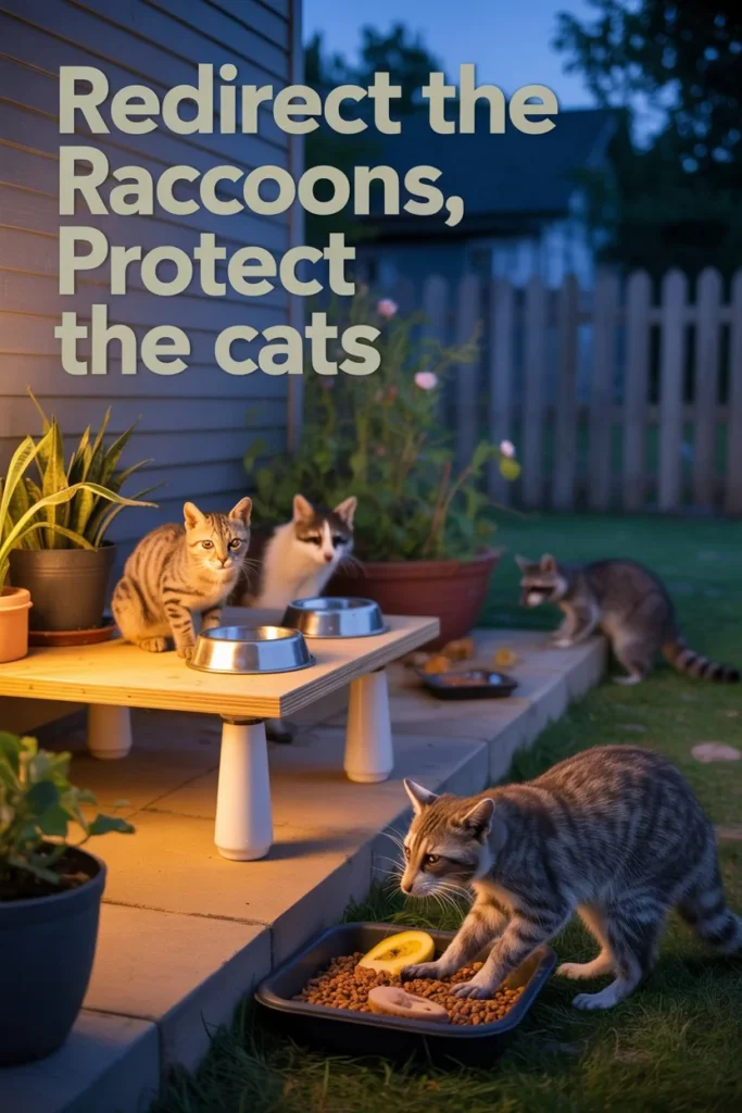 A realistic twilight backyard scene showing two feeding stations — one elevated wooden platform where two calm cats eat from metal bowls in warm golden light, and another rougher feeding spot near a fence where raccoons forage on scraps under cool moonlight.