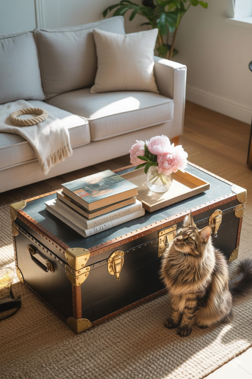 Vintage-style living room with antique trunk coffee table and a Maine Coon