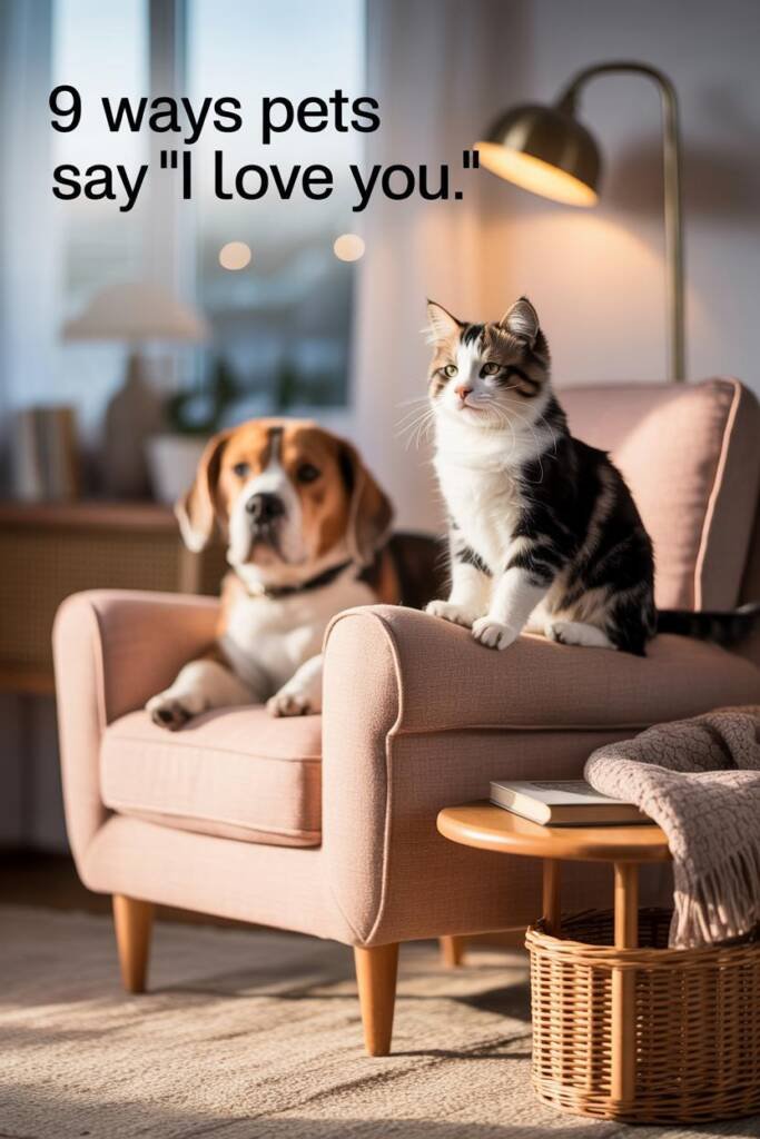 Close, crisp portrait of a tuxedo cat doing a slow blink while perched on a sofa arm; in the bokeh background a calm senior b